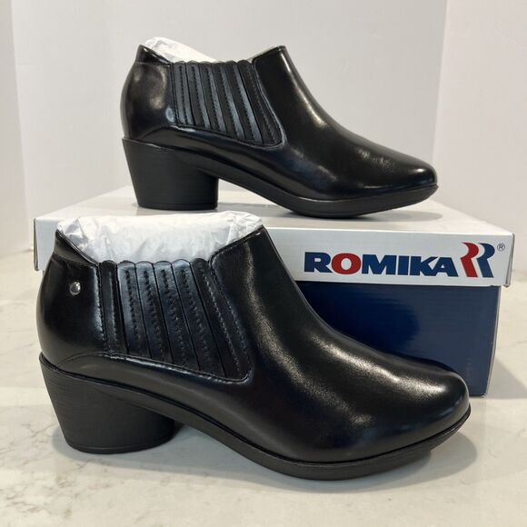 ROMIKA NEW Daisy 06 Black Leather Slip On Booties Heeled Boot Eu 37 US 6-6.5 - Picture 1 of 13